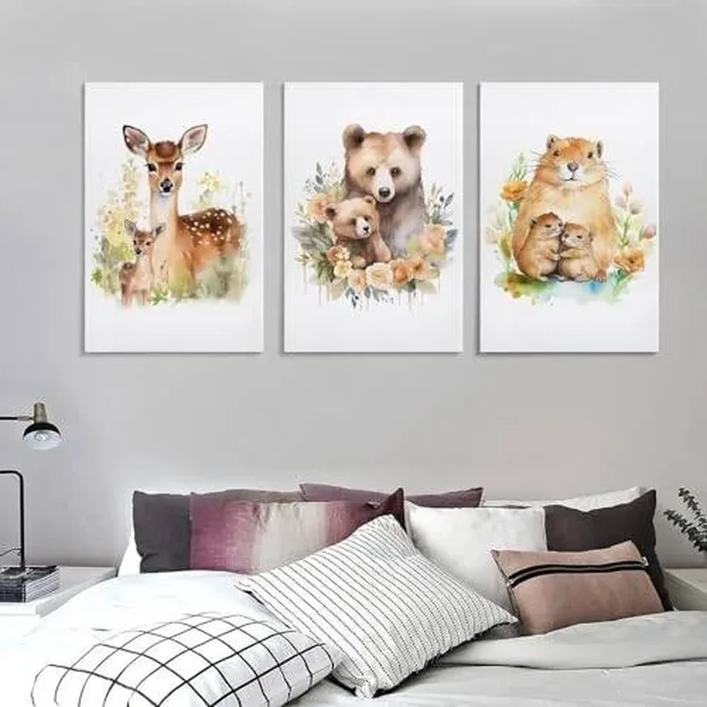 ALAYRA Woodland Animal Wall Art Jungle Wild Bear Fox Panda Poster 3 Pieces Kid Canvas Print Picture for Nursery Decor Baby Boy Girl Room (3-with mother, 3P-16x24inch-Unframe) 01 - Image 5