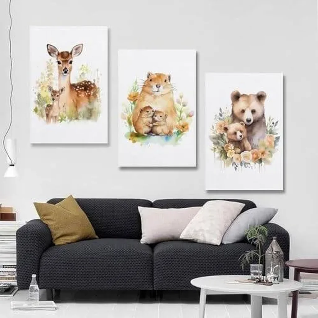 ALAYRA Woodland Animal Wall Art Jungle Wild Bear Fox Panda Poster 3 Pieces Kid Canvas Print Picture for Nursery Decor Baby Boy Girl Room (3-with mother, 3P-16x24inch-Unframe) 01 - Image 6