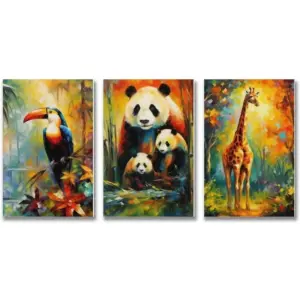 ALAYRA Woodland Animal Wall Art Jungle Wild Bear Fox Panda Poster 3 Pieces Kid Canvas Print Picture for Nursery Decor Baby Boy Girl Room (7-Giraffe, Panda, Toucans, 3P-16x24inch-Unframe) 01