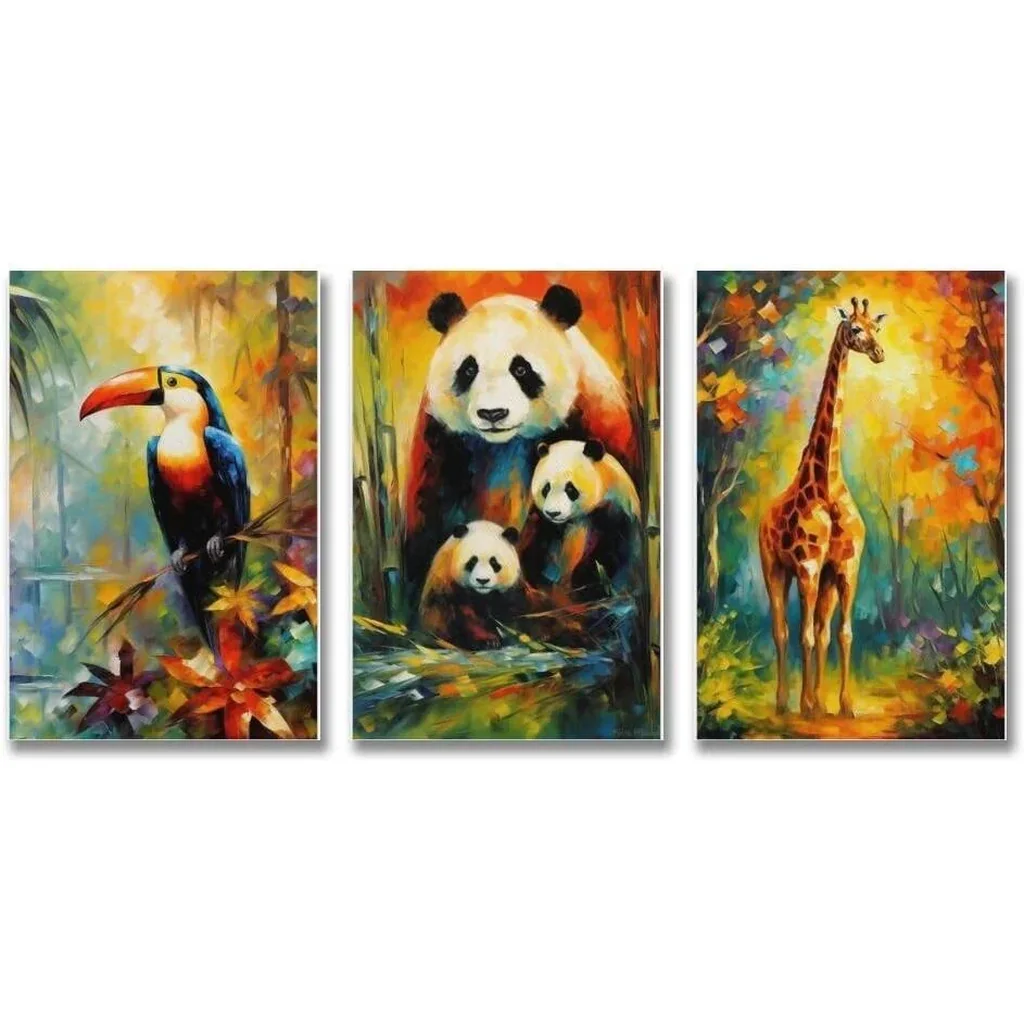 ALAYRA Woodland Animal Wall Art Jungle Wild Bear Fox Panda Poster 3 Pieces Kid Canvas Print Picture for Nursery Decor Baby Boy Girl Room (7-Giraffe, Panda, Toucans, 3P-16x24inch-Unframe) 01