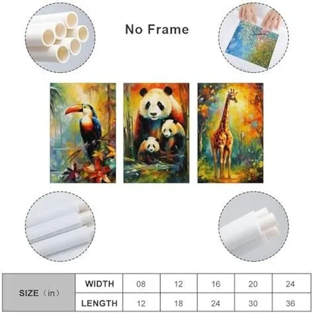 ALAYRA Woodland Animal Wall Art Jungle Wild Bear Fox Panda Poster 3 Pieces Kid Canvas Print Picture for Nursery Decor Baby Boy Girl Room (7-Giraffe, Panda, Toucans, 3P-16x24inch-Unframe) 01 - Image 2