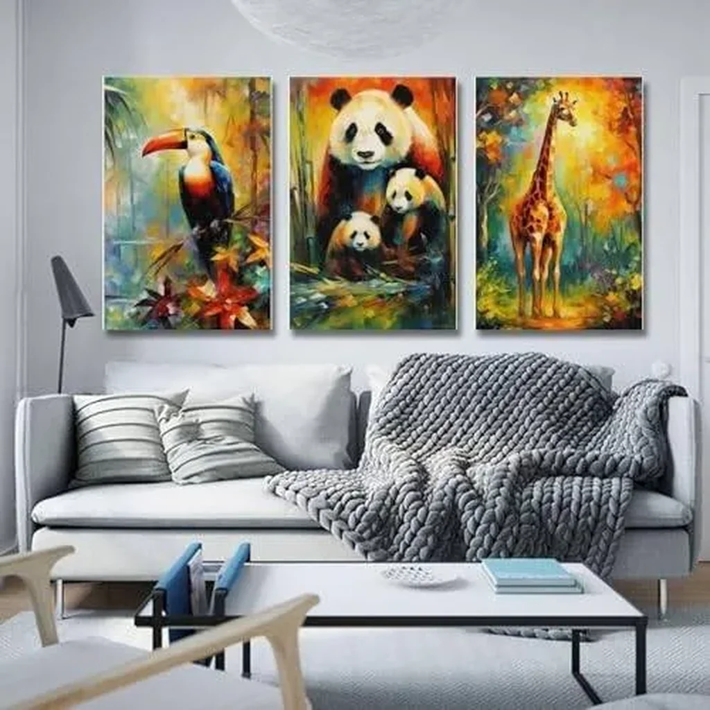 ALAYRA Woodland Animal Wall Art Jungle Wild Bear Fox Panda Poster 3 Pieces Kid Canvas Print Picture for Nursery Decor Baby Boy Girl Room (7-Giraffe, Panda, Toucans, 3P-16x24inch-Unframe) 01 - Image 3