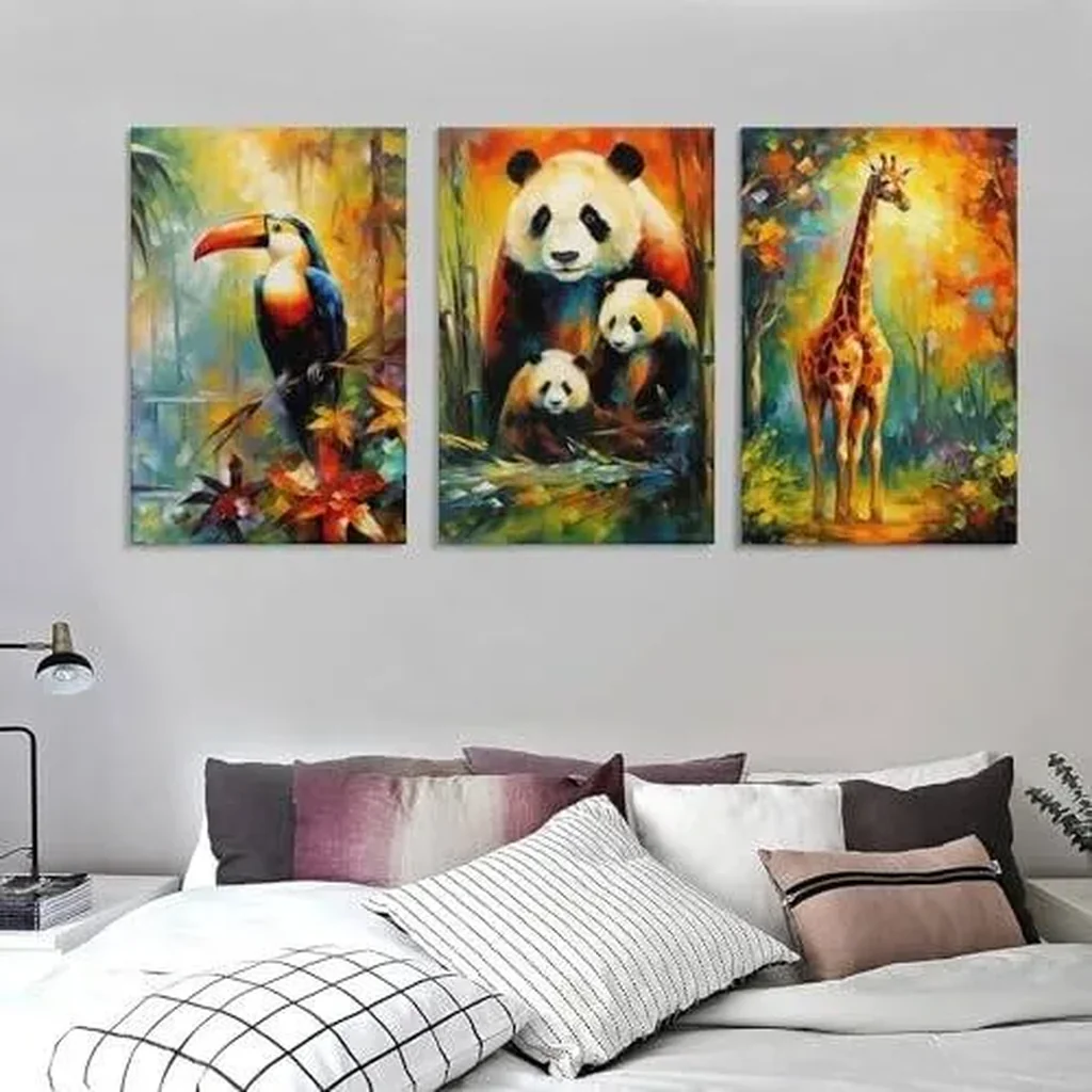 ALAYRA Woodland Animal Wall Art Jungle Wild Bear Fox Panda Poster 3 Pieces Kid Canvas Print Picture for Nursery Decor Baby Boy Girl Room (7-Giraffe, Panda, Toucans, 3P-16x24inch-Unframe) 01 - Image 4
