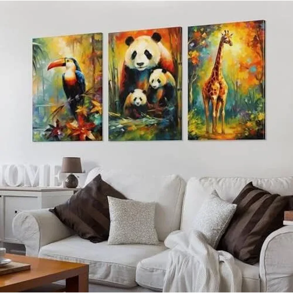 ALAYRA Woodland Animal Wall Art Jungle Wild Bear Fox Panda Poster 3 Pieces Kid Canvas Print Picture for Nursery Decor Baby Boy Girl Room (7-Giraffe, Panda, Toucans, 3P-16x24inch-Unframe) 01 - Image 5