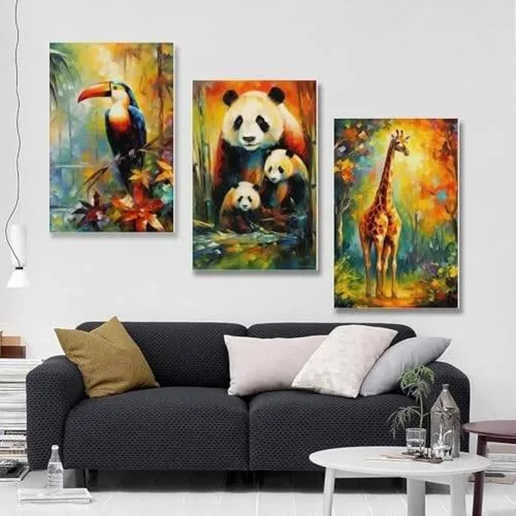 ALAYRA Woodland Animal Wall Art Jungle Wild Bear Fox Panda Poster 3 Pieces Kid Canvas Print Picture for Nursery Decor Baby Boy Girl Room (7-Giraffe, Panda, Toucans, 3P-16x24inch-Unframe) 01 - Image 7