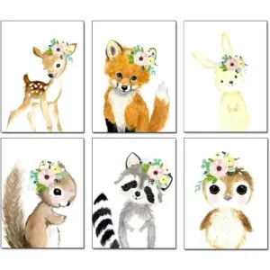 ALAYRA Woodland Animals Nursery Wall Art Prints, 6 Pieces Cute Safari Baby Floral Crown Animals Posters Pictures Wall Decor for Kids Girls Room Playroom Toddler Room(Unframed, 8 x 10 Inch) 01