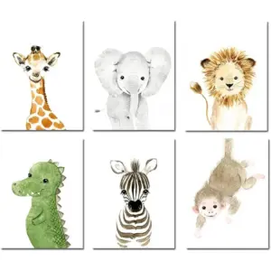 ALAYRA Woodland Animals Wall Art Prints Set of 6 (8x10, Unframed), Lion Elephant Zebra Giraffe Dinosaur Monkey Safari Animals Canvas Pictures Nursery Boy Kids Bedroom Decor Art 01