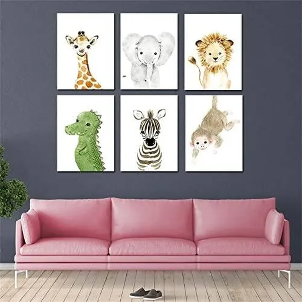 ALAYRA Woodland Animals Wall Art Prints Set of 6 (8x10, Unframed), Lion Elephant Zebra Giraffe Dinosaur Monkey Safari Animals Canvas Pictures Nursery Boy Kids Bedroom Decor Art 01 - Image 2