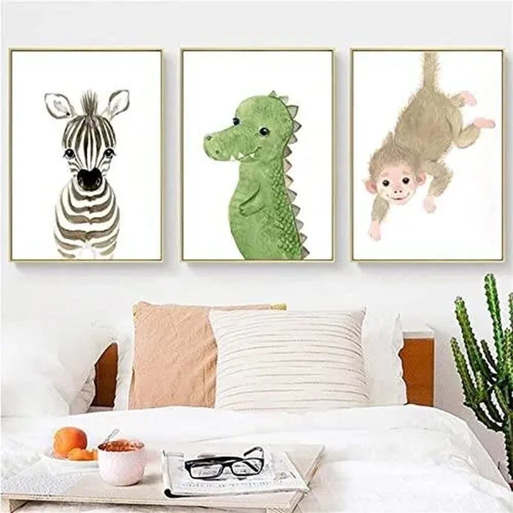 ALAYRA Woodland Animals Wall Art Prints Set of 6 (8x10, Unframed), Lion Elephant Zebra Giraffe Dinosaur Monkey Safari Animals Canvas Pictures Nursery Boy Kids Bedroom Decor Art 01 - Image 4