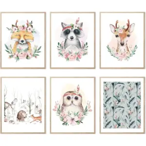 ALAYRA Woodland Nursery Decor Set of 6 Safari Wall Art Decor for Baby Boys Girls, Animals Flower Jungle Neutral Prints Posters for Kids Room Decor (8x10 Inch, UNFRAMED) 01