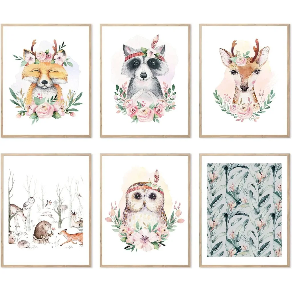ALAYRA Woodland Nursery Decor Set of 6 Safari Wall Art Decor for Baby Boys Girls, Animals Flower Jungle Neutral Prints Posters for Kids Room Decor (8x10 Inch, UNFRAMED) 01