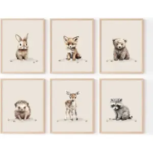 ALAYRA Woodland Nursery Wall Art Decor Safari Jungle Animal Prints Canvas Baby Boy Nursery Wall Art Pictures Forest Animal Poster Artwork for Boy Bedroom 12x16 Inch Unframed Set of 6 01
