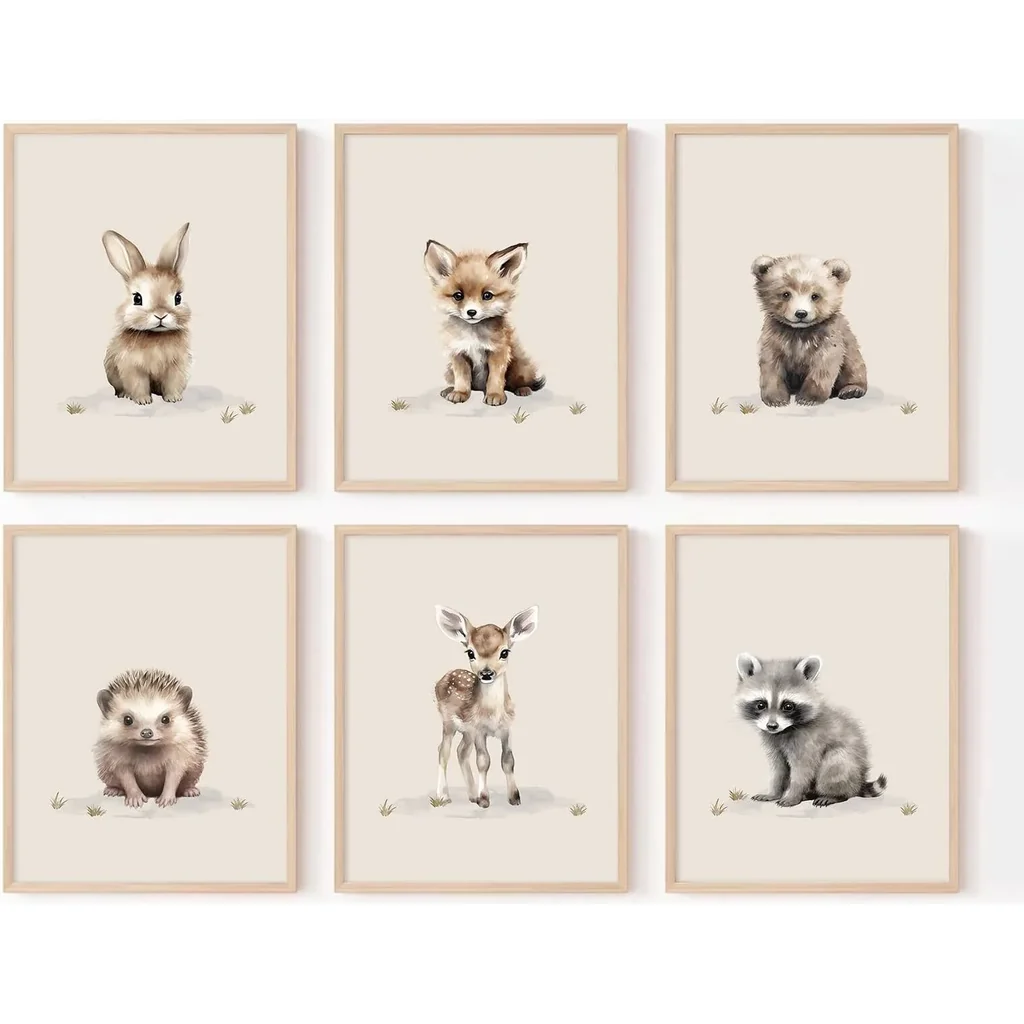 ALAYRA Woodland Nursery Wall Art Decor Safari Jungle Animal Prints Canvas Baby Boy Nursery Wall Art Pictures Forest Animal Poster Artwork for Boy Bedroom 12x16 Inch Unframed Set of 6 01