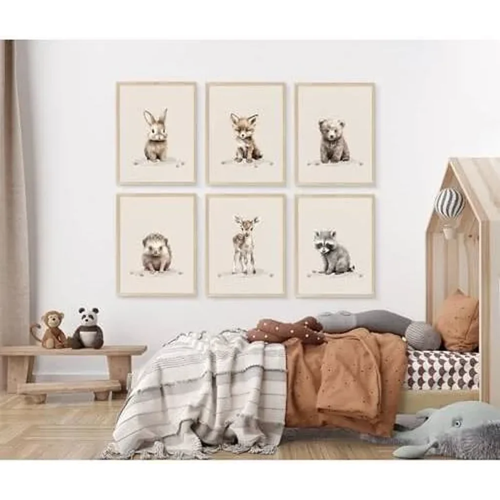 ALAYRA Woodland Nursery Wall Art Decor Safari Jungle Animal Prints Canvas Baby Boy Nursery Wall Art Pictures Forest Animal Poster Artwork for Boy Bedroom 12x16 Inch Unframed Set of 6 01 - Image 5