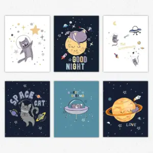 ALAYRA world of wall art - Galactic Cats Adorable Cat Set for Girls' Bedrooms and Playrooms (8"x10", UNFRAMED) 01
