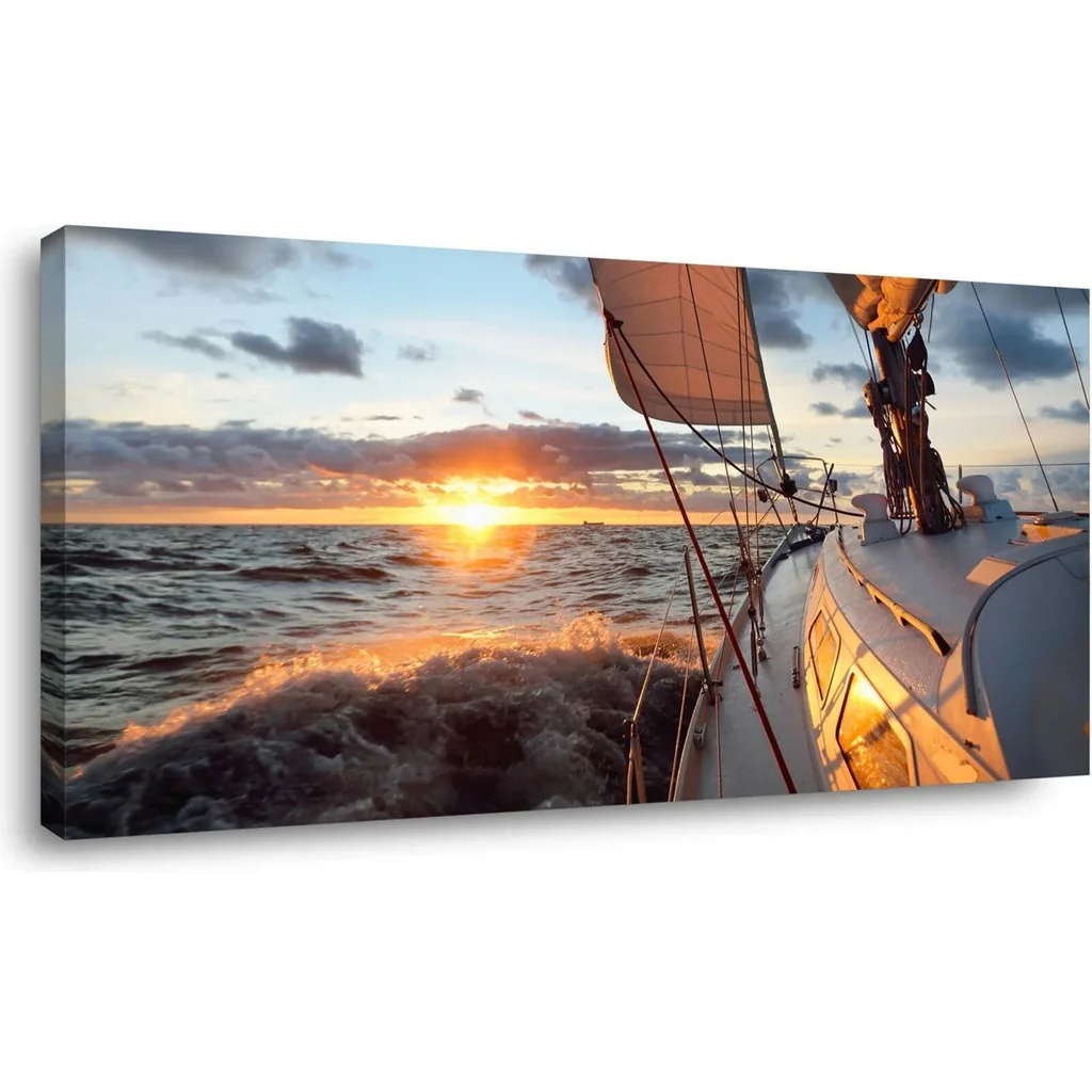 ALAYRA Yacht Sailing in Sea at Sunset Scenery Canvas Wall Art for Living Room Bathroom, Close-up View of Deck Mast Sails Picture Print Artwork Painting Decor, Epic Seascape Scenic Landscape, Inner Fra