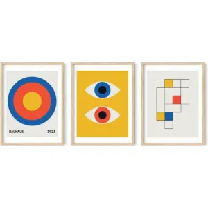 ALAYRA Yellow and Blue Art - Set of 3 Bauhaus Geometric Pictures for Wall, Modern Art, Abstract Art, Colorful Art, Yellow and Blue Artwork, Neutral Wall Art, Colorful Wall Art (Unframed, 12x16) 01