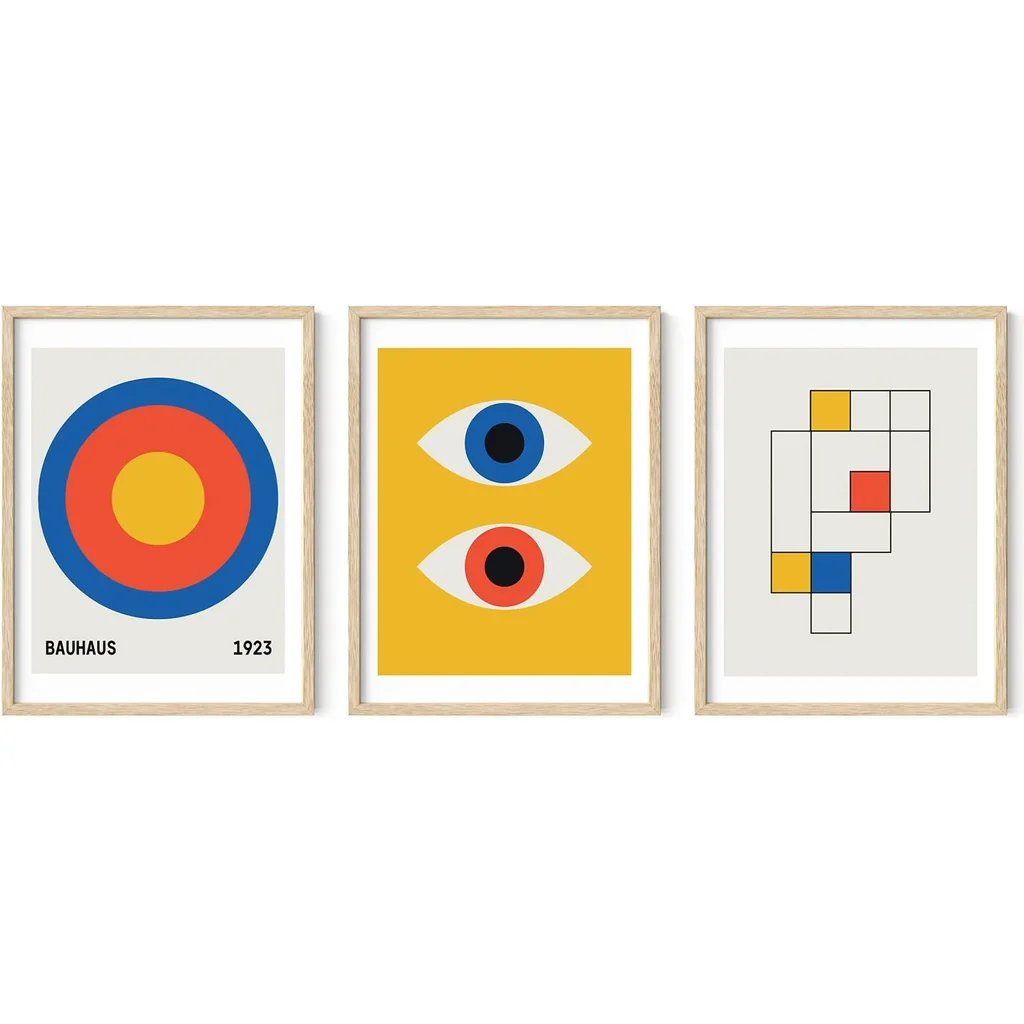 ALAYRA Yellow and Blue Art - Set of 3 Bauhaus Geometric Pictures for Wall, Modern Art, Abstract Art, Colorful Art, Yellow and Blue Artwork, Neutral Wall Art, Colorful Wall Art (Unframed, 12x16) 01