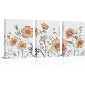 ALAYRA Yellow Flower Canvas Wall Art Vintage Floral Painting Pictures Decor Modern Orange and Grey Bedroom Bathroom Decoration (Orange) 01