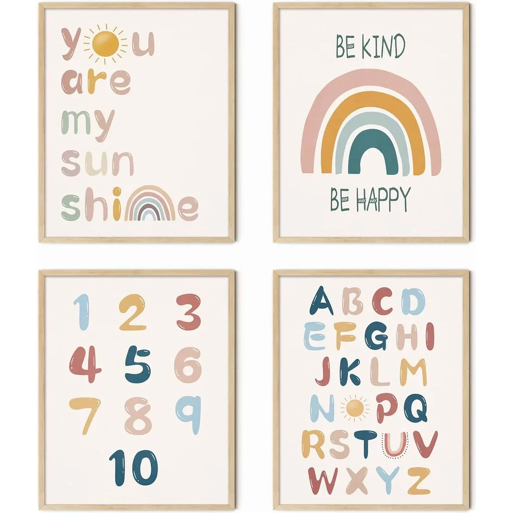 ALAYRA You Are My Sunshine Boho Rainbow Nursery Kids Wall Art, Alphabet Wall Art Unframed Art Prints 8''x10'' Set of 4 Rainbow Decor for Girls Bedroom Playroom 01