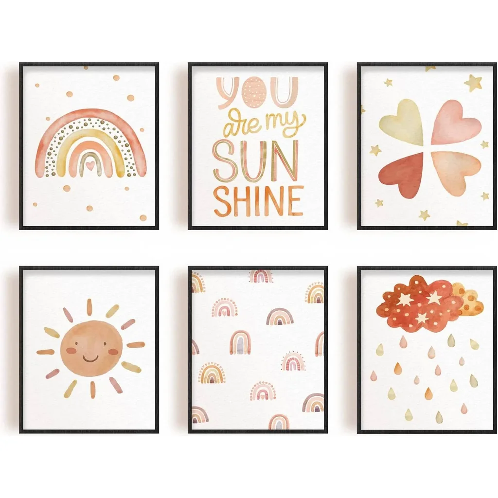 ALAYRA You Are My Sunshine Canvas Wall Art Rainbow Picture Print Boho Rainbow Decor Nursery Wall Art Poster Baby Girl Bedoom Print Toddler Room Decor 6 PCS Unframed 01
