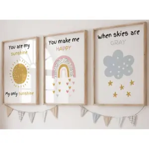 ALAYRA You are My Sunshine Set of 3 Unframed Poster Prints, Sun Rainbow Cloud, Girl Boy Wall Art Home Decor, Playroom Bedroom Nursery, Song Lyric Nursery Rhyme, You Make Me Happy When Skies Are Gray (