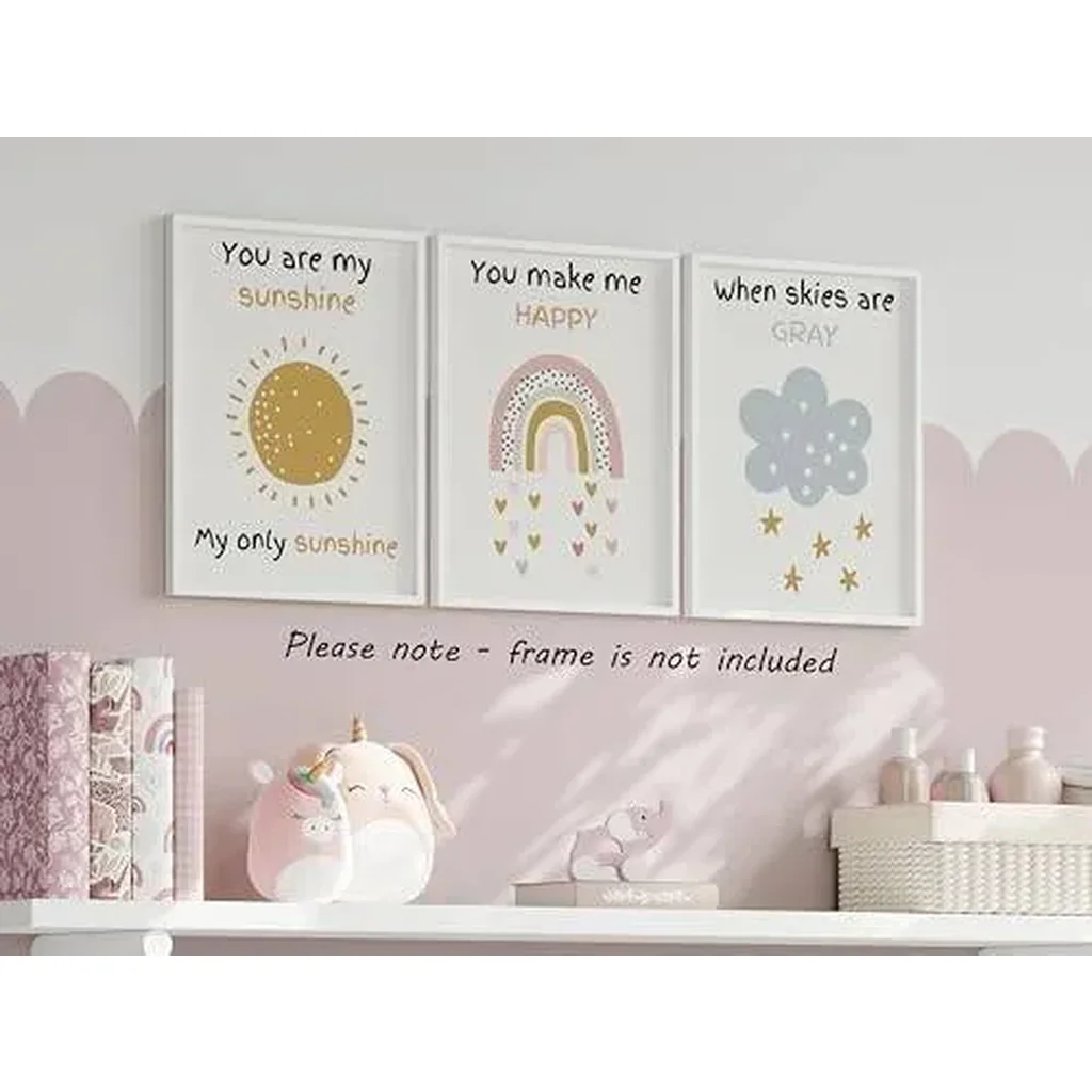 ALAYRA You are My Sunshine Set of 3 Unframed Poster Prints, Sun Rainbow Cloud, Girl Boy Wall Art Home Decor, Playroom Bedroom Nursery, Song Lyric Nursery Rhyme, You Make Me Happy When Skies Are Gray ( - Image 2