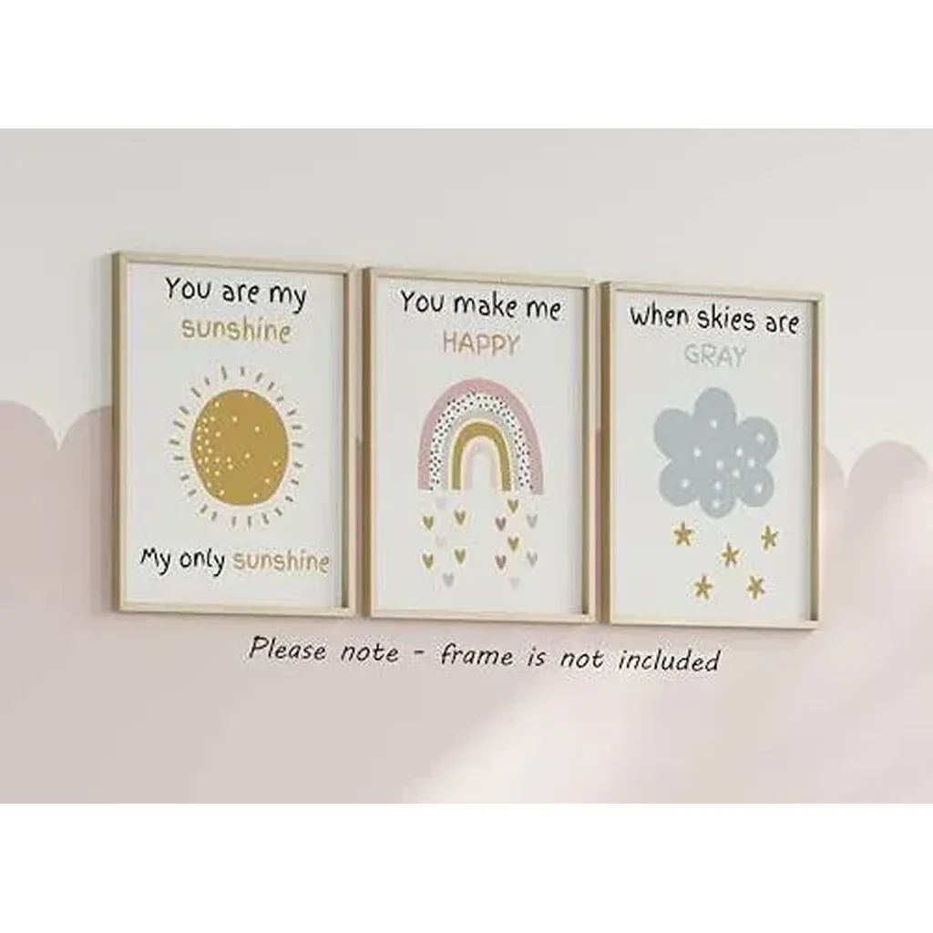 ALAYRA You are My Sunshine Set of 3 Unframed Poster Prints, Sun Rainbow Cloud, Girl Boy Wall Art Home Decor, Playroom Bedroom Nursery, Song Lyric Nursery Rhyme, You Make Me Happy When Skies Are Gray ( - Image 4