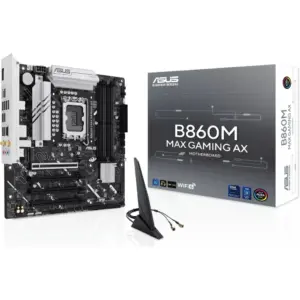 ASUS B860M MAX GAMING AX LGA 1851 Micro-ATX Motherboard, Intel B860 Chipset, 4x DIMM DDR5 Slots, 256GB Max Memory, 1 x PCIe 5.0 x16 Safeslot, 3 x M.2 Slots | 90MB1JZ0-M0EAY0