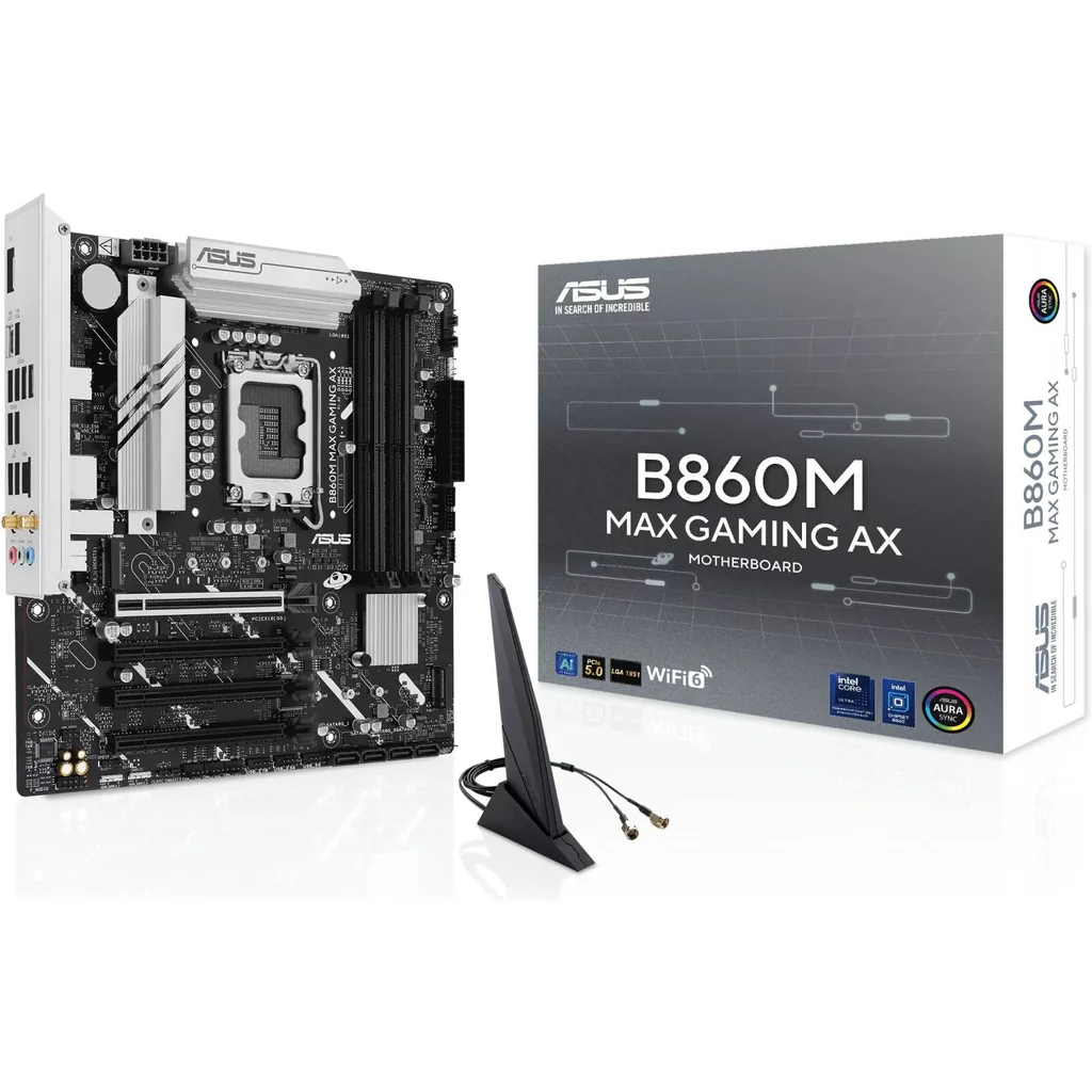 ASUS B860M MAX GAMING AX LGA 1851 Micro-ATX Motherboard, Intel B860 Chipset, 4x DIMM DDR5 Slots, 256GB Max Memory, 1 x PCIe 5.0 x16 Safeslot, 3 x M.2 Slots | 90MB1JZ0-M0EAY0