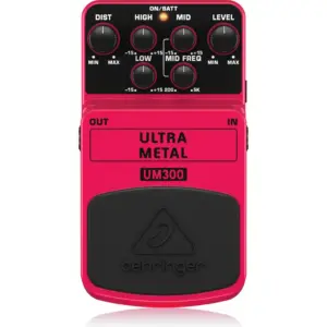 Behringer UM300 Ultra Metal Effects Pedal, Ultra Metal Distortion Guitar Pedal with 3 Band EQ, Level & Distortion Controls, Blue LED, 9 V Battery/DC Power Support, High Gain Metal Tone, Pink | UM300