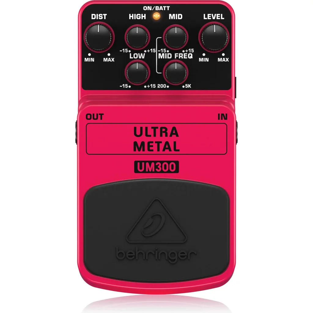 Behringer UM300 Ultra Metal Effects Pedal, Ultra Metal Distortion Guitar Pedal with 3 Band EQ, Level & Distortion Controls, Blue LED, 9 V Battery/DC Power Support, High Gain Metal Tone, Pink | UM300