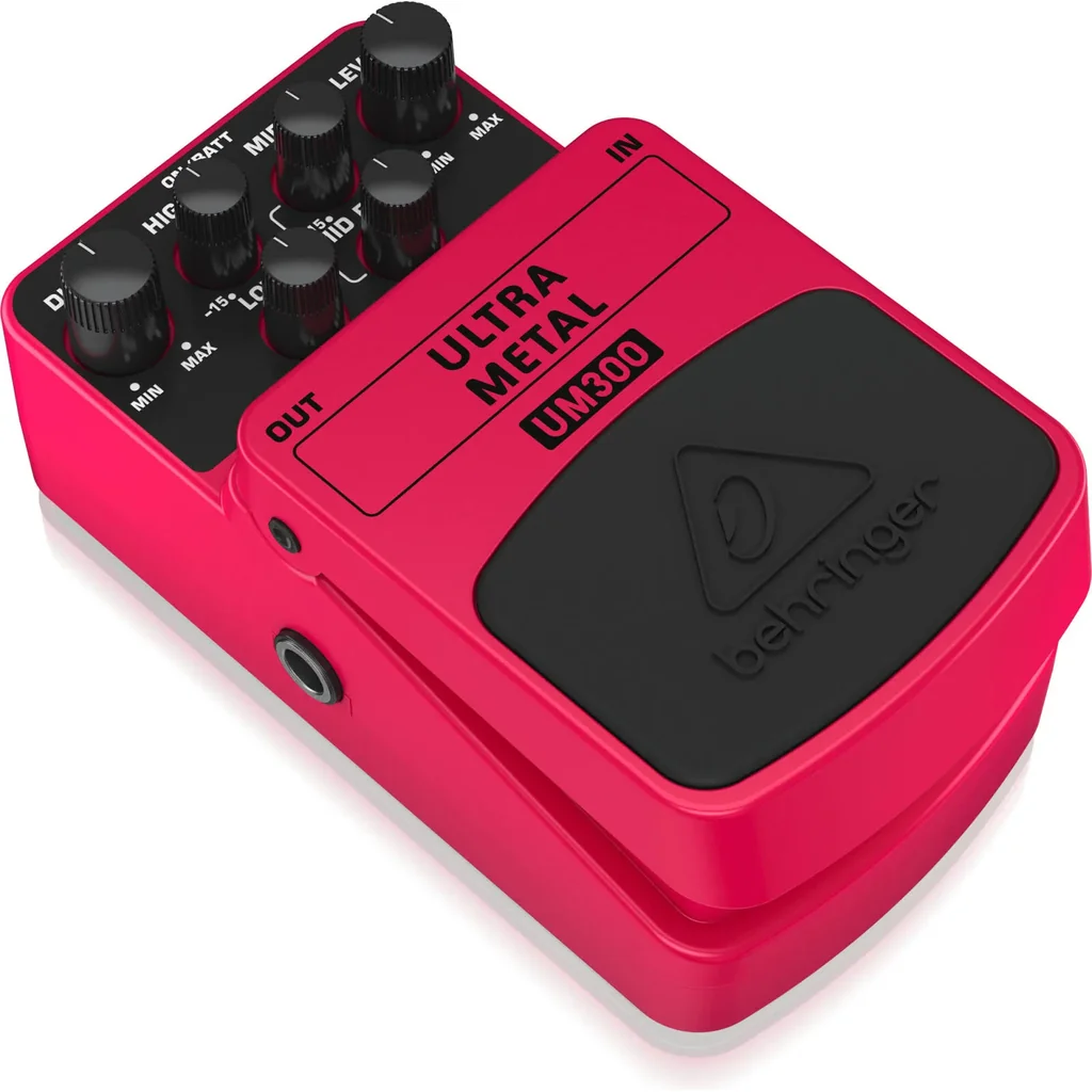Behringer UM300 Ultra Metal Effects Pedal, Ultra Metal Distortion Guitar Pedal with 3 Band EQ, Level & Distortion Controls, Blue LED, 9 V Battery/DC Power Support, High Gain Metal Tone, Pink | UM300 - Image 3