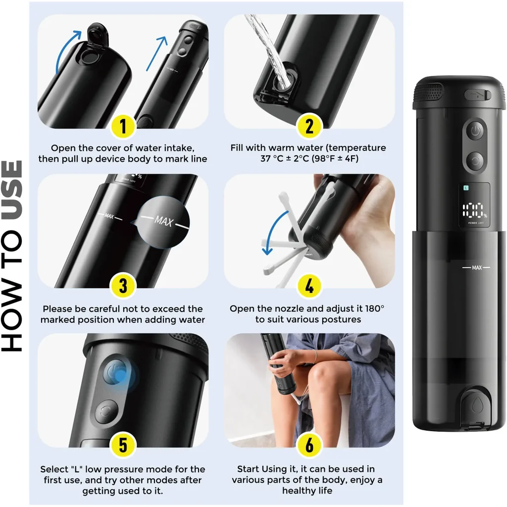 Bson Travel Buddy Pro Bidet, 180? Adjustable Nozzle, 5 Water Flow Modes, 8 Nozzles, 250ml Capacity, IP67 Waterproof, Long-Life Battery, Type-C Charging, LED Digital Display, Black | WD004 - Image 3