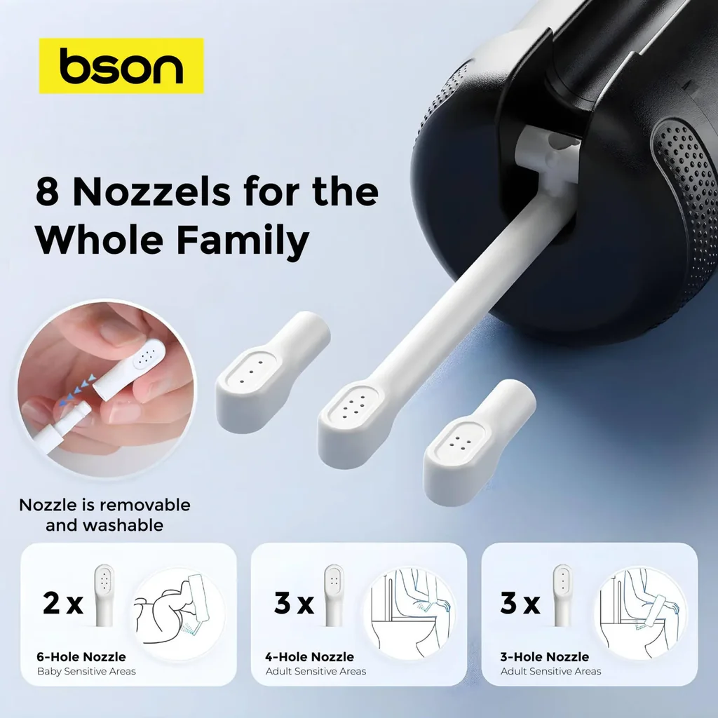 Bson Travel Buddy Pro Bidet, 180? Adjustable Nozzle, 5 Water Flow Modes, 8 Nozzles, 250ml Capacity, IP67 Waterproof, Long-Life Battery, Type-C Charging, LED Digital Display, Black | WD004 - Image 5