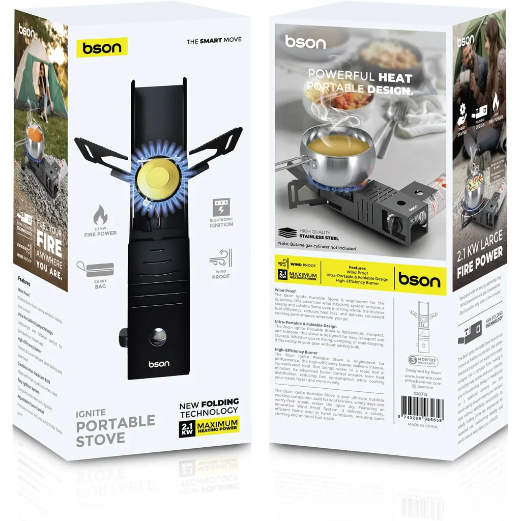 Bson Ignite Portable Stove, Fits 11.5 24cm Pots, 2.1KW High-Power Burner, Folding Technology, Windproof, Energy-Saving, Stainless Steel, Electronic Ignition, Carry Bag, Black | CK012 - Image 3
