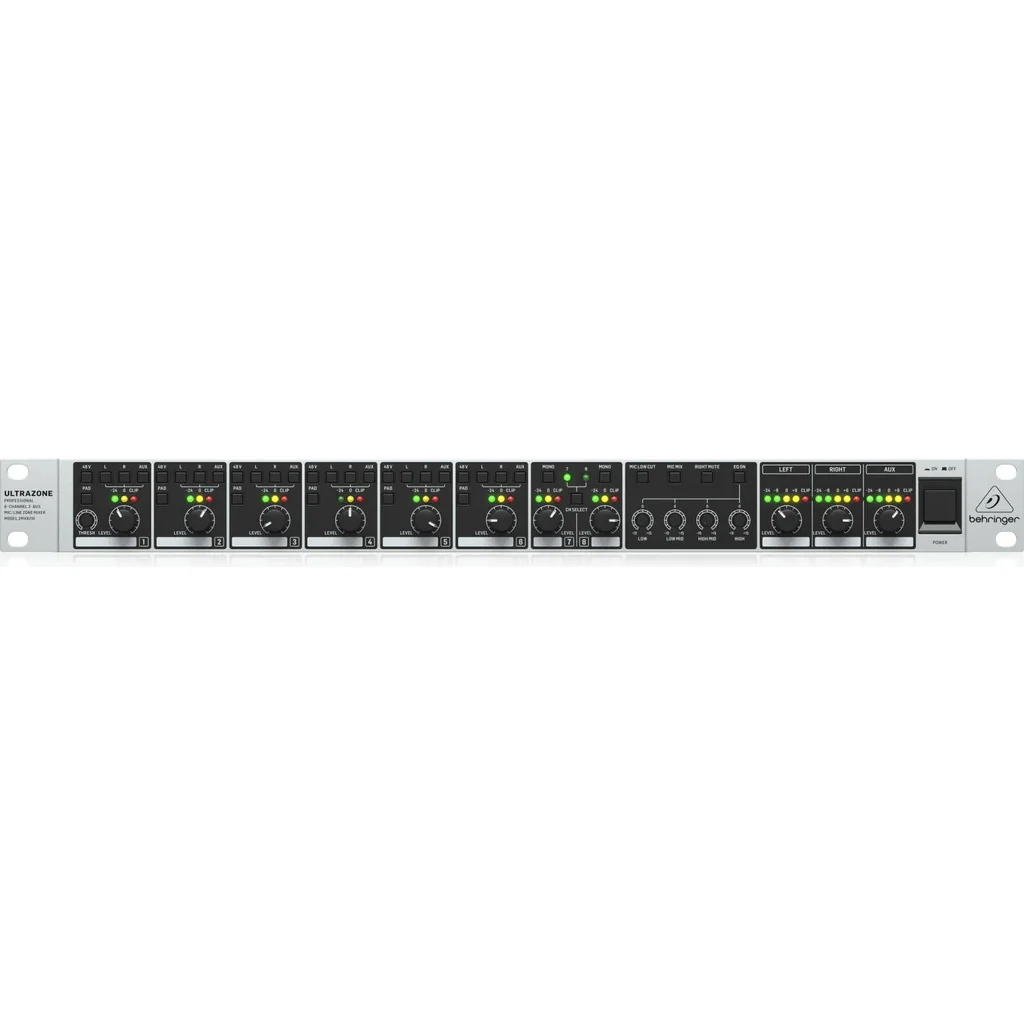 Behringer ZMX8210V2 Rackmount Zone Mixer, 8 Channels, 3-Bus Zone Distribution, 6 Mic/Line + 2 Stereo Inputs, Remote Control Ports, 4-Band EQ & Multi-Zone Output Flexibility | ZMX8210V2