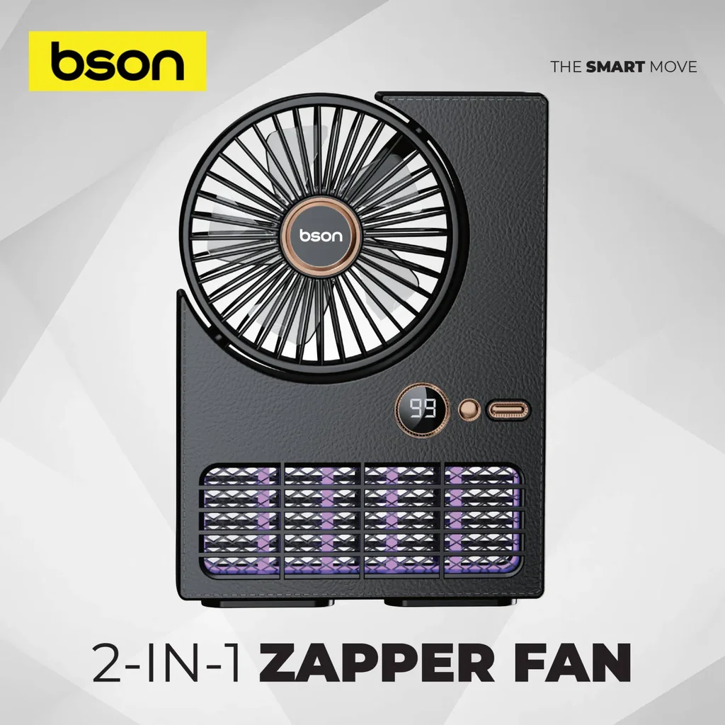 Bson 2-in-1 Zapper Fan with 2000V Electric Mosquito Killer, 5-Speed Wind Modes, UV Lamp, LED Display, Large Battery, Silent Operation, Black | FN006 - Image 2
