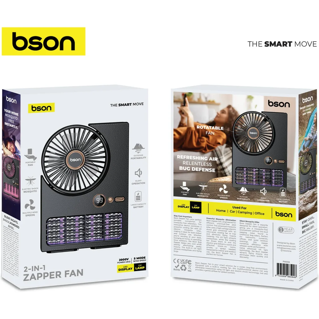 Bson 2-in-1 Zapper Fan with 2000V Electric Mosquito Killer, 5-Speed Wind Modes, UV Lamp, LED Display, Large Battery, Silent Operation, Black | FN006 - Image 3