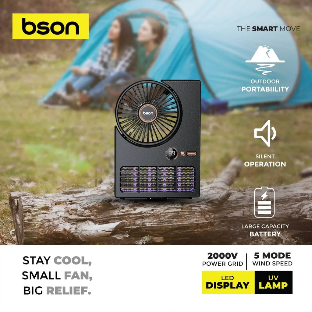 Bson 2-in-1 Zapper Fan with 2000V Electric Mosquito Killer, 5-Speed Wind Modes, UV Lamp, LED Display, Large Battery, Silent Operation, Black | FN006 - Image 4