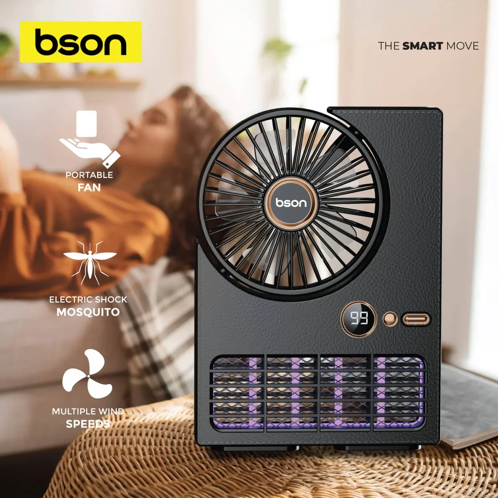 Bson 2-in-1 Zapper Fan with 2000V Electric Mosquito Killer, 5-Speed Wind Modes, UV Lamp, LED Display, Large Battery, Silent Operation, Black | FN006 - Image 6