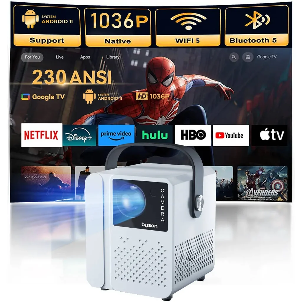Byson Luma Full HD Projector, Full HDR Resolution, 50-120" Display, Remote Control & 360? Tripod, 5G WiFi Connectivity, HDR Support, Android 11 System, White | PR002 - Image 6