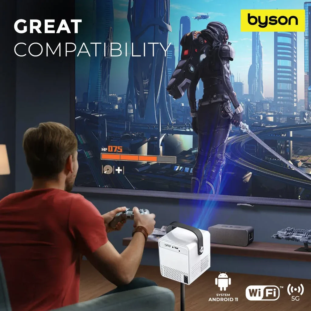 Byson Luma Full HD Projector, Full HDR Resolution, 50-120" Display, Remote Control & 360? Tripod, 5G WiFi Connectivity, HDR Support, Android 11 System, White | PR002 - Image 9