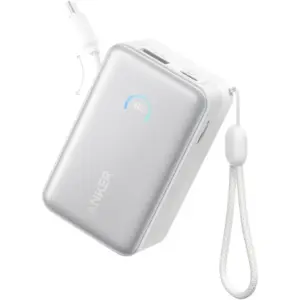 Anker Nano Power Bank, 10000mAh Portable Charger with 2.3 ft InstaCord Retractable Cable, 45W Max Compact Battery Pack, Smart Display, White | A1638H21