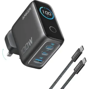 Anker GaN Charger, 100W Power Output, 2x USB-C Ports And 1x USB-A Port, GaN Technology, Dynamic Power Allocation, Smart LCD Display, Gray | B121BKZ1