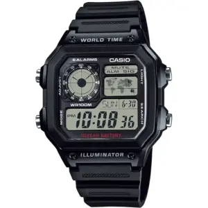 Casio AE-1200WH-1AVDF Boys' Youth Water Resistant Digital Watch, 1/100-Second Stopwatch, World Map, 5 Alarms, LED Light, 100-Meter Water Resistance, Black | AE-1200WH-1AVDF