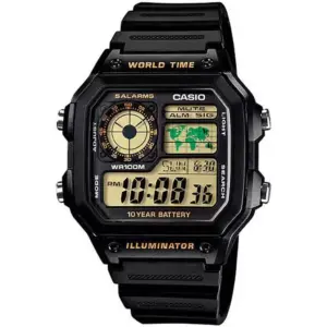 Casio AE-1200WH-1BVDF Men's Digital World Time Watch, 100M Water Resistant, World Map / 31 Time Zones, 5 Alarms, LED Light, Stopwatch & Countdown Timer, Resin Case & Strap, Black | AE-1200WH-1BVDF