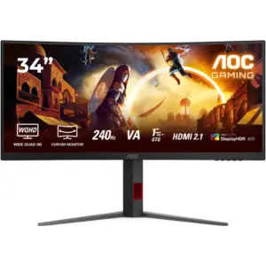 AOC CU34G4Z Curved Gaming Monitor, 34" Fast VA Display, WQHD Resolution, 240Hz Refresh Rate, 0.3ms (MPRT) Response Time, 1500R Curvature, Adaptive Sync Technology, Black | CU34G4Z