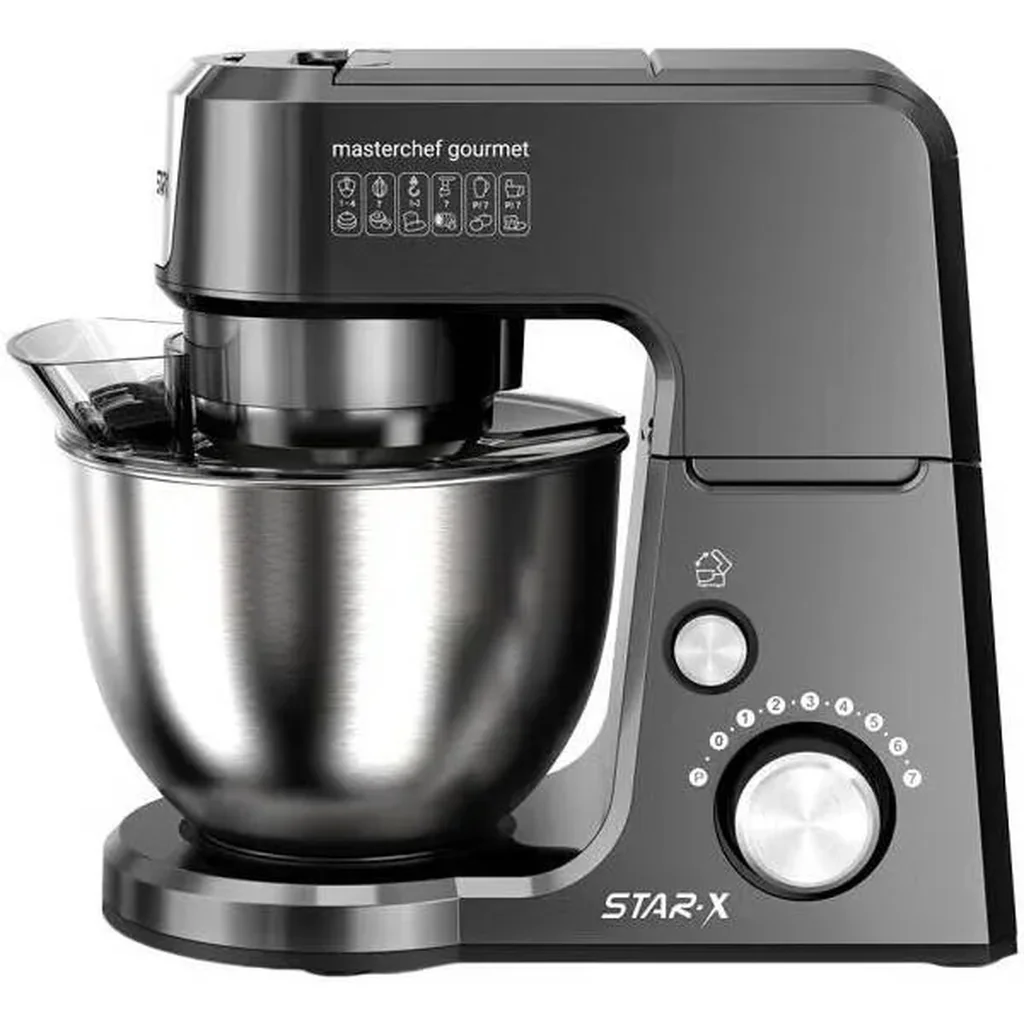 Star-X Electric Kitchen Stand Masterchef Gourmet Food Processor, 1000W Power, 2.5L Capacity, 7 Number of Speed, Removable Shaft & Beaker, Dough Hook, Beater, Whisk, Silver | KM1701 Mini