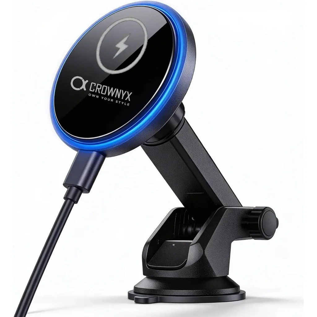CROWNYX 15W Wireless Car Charger, MagSafe & Android 360° Mount, Black | CAC-200